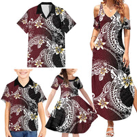 Polynesian Hawaiian Plumeria Tribal Pattern Family Matching Summer Maxi Dress and Hawaiian Shirt Special Wine Red Version