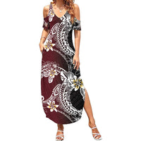 Polynesian Hawaiian Plumeria Tribal Pattern Family Matching Summer Maxi Dress and Hawaiian Shirt Special Wine Red Version
