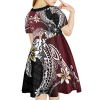 Polynesian Hawaiian Plumeria Tribal Pattern Kid Short Sleeve Dress Special Wine Red Version