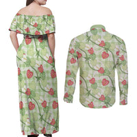 Anthurium Pikake Ti Leaf Palaka Couples Matching Off Shoulder Maxi Dress and Long Sleeve Button Shirt Green Version