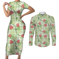 Anthurium Pikake Ti Leaf Palaka Couples Matching Short Sleeve Bodycon Dress and Long Sleeve Button Shirt Green Version