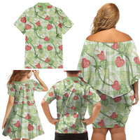 Anthurium Pikake Ti Leaf Palaka Family Matching Off Shoulder Short Dress and Hawaiian Shirt Green Version