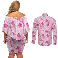 Anthurium Pikake Ti Leaf Palaka Couples Matching Off Shoulder Short Dress and Long Sleeve Button Shirt Pink Version
