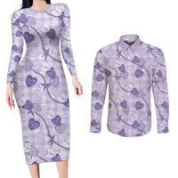 Anthurium Pikake Ti Leaf Palaka Couples Matching Long Sleeve Bodycon Dress and Long Sleeve Button Shirt Purple Version