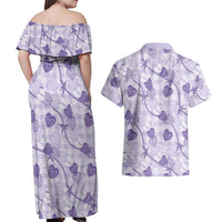 Anthurium Pikake Ti Leaf Palaka Couples Matching Off Shoulder Maxi Dress and Hawaiian Shirt Purple Version
