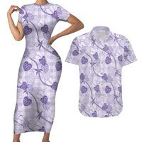Anthurium Pikake Ti Leaf Palaka Couples Matching Short Sleeve Bodycon Dress and Hawaiian Shirt Purple Version