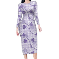 Anthurium Pikake Ti Leaf Palaka Family Matching Long Sleeve Bodycon Dress and Hawaiian Shirt Purple Version LT01 Mom's Dress Purple - Polynesian Pride