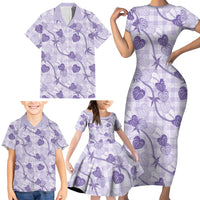 Anthurium Pikake Ti Leaf Palaka Family Matching Short Sleeve Bodycon Dress and Hawaiian Shirt Purple Version