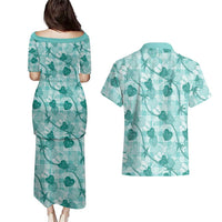 Anthurium Pikake Ti Leaf Palaka Couples Matching Puletasi and Hawaiian Shirt Turquoise Version