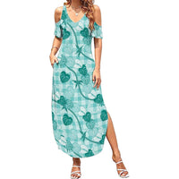 Anthurium Pikake Ti Leaf Palaka Family Matching Summer Maxi Dress and Hawaiian Shirt Turquoise Version