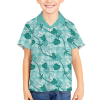 Anthurium Pikake Ti Leaf Palaka Family Matching Summer Maxi Dress and Hawaiian Shirt Turquoise Version