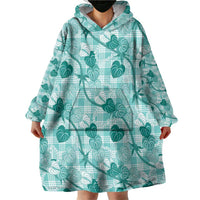 Anthurium Pikake Ti Leaf Palaka Wearable Blanket Hoodie Turquoise Version
