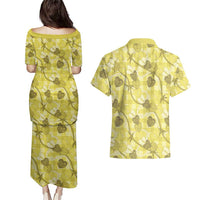 Anthurium Pikake Ti Leaf Palaka Couples Matching Puletasi and Hawaiian Shirt Yellow Version