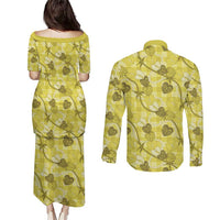 Anthurium Pikake Ti Leaf Palaka Couples Matching Puletasi and Long Sleeve Button Shirt Yellow Version