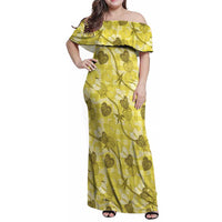 Anthurium Pikake Ti Leaf Palaka Family Matching Off Shoulder Maxi Dress and Hawaiian Shirt Yellow Version