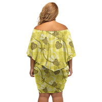 Anthurium Pikake Ti Leaf Palaka Family Matching Off Shoulder Short Dress and Hawaiian Shirt Yellow Version
