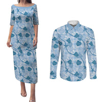 Anthurium Pikake Ti Leaf Palaka Couples Matching Puletasi and Long Sleeve Button Shirt Blue Version