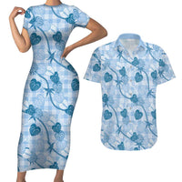 Anthurium Pikake Ti Leaf Palaka Couples Matching Short Sleeve Bodycon Dress and Hawaiian Shirt Blue Version