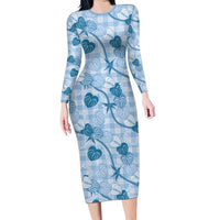 Anthurium Pikake Ti Leaf Palaka Family Matching Long Sleeve Bodycon Dress and Hawaiian Shirt Blue Version