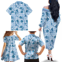 Anthurium Pikake Ti Leaf Palaka Family Matching Off The Shoulder Long Sleeve Dress and Hawaiian Shirt Blue Version
