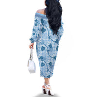 Anthurium Pikake Ti Leaf Palaka Family Matching Off The Shoulder Long Sleeve Dress and Hawaiian Shirt Blue Version