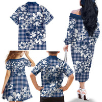Hibiscus Pakala Cobalt Blue Royal Family Matching Off The Shoulder Long Sleeve Dress and Hawaiian Shirt Tropical Floral Stylized - Polynesian Pride