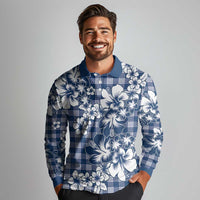 Hibiscus Pakala Cobalt Blue Royal Long Sleeve Polo Shirt Tropical Floral Stylized - Polynesian Pride