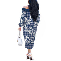 Hibiscus Pakala Cobalt Blue Royal Off The Shoulder Long Sleeve Dress Tropical Floral Stylized - Polynesian Pride