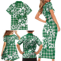 Hibiscus Pakala Emerald Green Family Matching Short Sleeve Bodycon Dress and Hawaiian Shirt Tropical Floral Stylized - Polynesian Pride