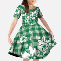 Hibiscus Pakala Emerald Green Kid Short Sleeve Dress Tropical Floral Stylized - Polynesian Pride