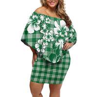 Hibiscus Pakala Emerald Green Off Shoulder Short Dress Tropical Floral Stylized - Polynesian Pride