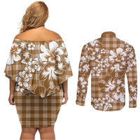 Hibiscus Pakala Bronze Brown Couples Matching Off Shoulder Short Dress and Long Sleeve Button Shirt Tropical Floral Stylized LT01 - Polynesian Pride