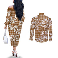 Hibiscus Pakala Bronze Brown Couples Matching Off The Shoulder Long Sleeve Dress and Long Sleeve Button Shirt Tropical Floral Stylized - Polynesian Pride