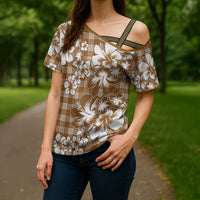 Hibiscus Pakala Bronze Brown Cross Shoulder Shirt Tropical Floral Stylized - Polynesian Pride