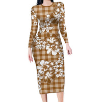 Hibiscus Pakala Bronze Brown Family Matching Long Sleeve Bodycon Dress and Hawaiian Shirt Tropical Floral Stylized - Polynesian Pride