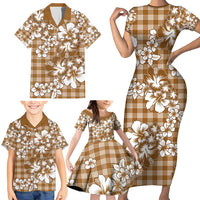 Hibiscus Pakala Bronze Brown Family Matching Short Sleeve Bodycon Dress and Hawaiian Shirt Tropical Floral Stylized - Polynesian Pride