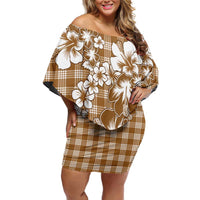 Hibiscus Pakala Bronze Brown Off Shoulder Short Dress Tropical Floral Stylized - Polynesian Pride