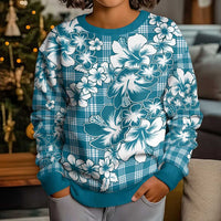 Hibiscus Pakala Ocean Depths Blue Kid Ugly Christmas Sweater Tropical Floral Stylized - Polynesian Pride