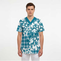 Hibiscus Pakala Ocean Depths Blue Scrub Top Tropical Floral Stylized LT01 - Polynesian Pride