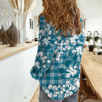 Hibiscus Pakala Ocean Depths Blue Women Casual Shirt Tropical Floral Stylized - Polynesian Pride