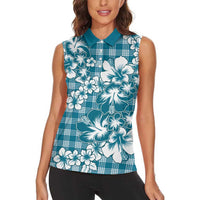 Hibiscus Pakala Ocean Depths Blue Women Sleeveless Polo Shirt Tropical Floral Stylized - Polynesian Pride