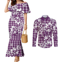 Hibiscus Pakala Sweetie Purple Couples Matching Mermaid Dress and Long Sleeve Button Shirt Tropical Floral Stylized LT01 Purple - Polynesian Pride