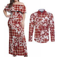 Hibiscus Pakala Fantasy Red Couples Matching Off Shoulder Maxi Dress and Long Sleeve Button Shirt Tropical Floral Stylized - Polynesian Pride