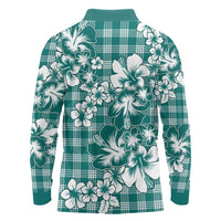 Hibiscus Pakala Aqua Teal Long Sleeve Polo Shirt Tropical Floral Stylized - Polynesian Pride