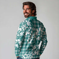 Hibiscus Pakala Aqua Teal Long Sleeve Polo Shirt Tropical Floral Stylized - Polynesian Pride