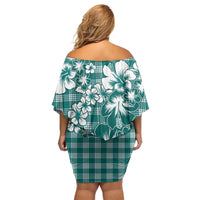 Hibiscus Pakala Aqua Teal Off Shoulder Short Dress Tropical Floral Stylized - Polynesian Pride