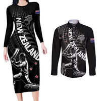 Custom New Zealand Cricket Couples Matching Long Sleeve Bodycon Dress and Long Sleeve Button Shirt Maori Kiwi Black Fern LT01 Black - Polynesian Pride