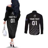 Custom New Zealand Cricket Couples Matching Off The Shoulder Long Sleeve Dress and Long Sleeve Button Shirt Maori Kiwi Black Fern LT01 - Polynesian Pride