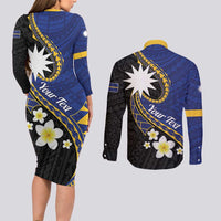 Personalised Nauru Couples Matching Long Sleeve Bodycon Dress and Long Sleeve Button Shirt Naoero Proud Plumeria