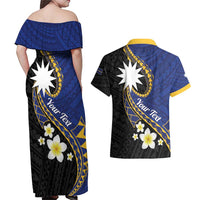 Personalised Nauru Couples Matching Off Shoulder Maxi Dress and Hawaiian Shirt Naoero Proud Plumeria